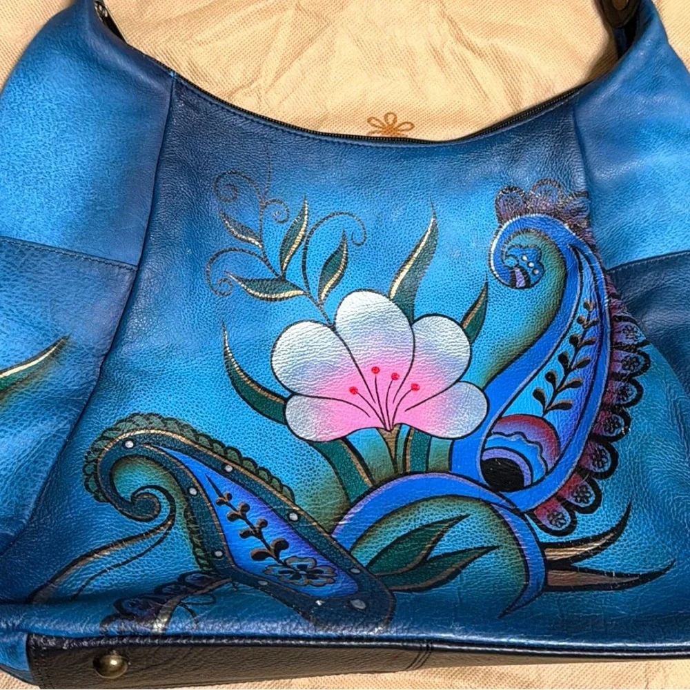 NEW Anuschka Hand Painted Large Multi Pocket Hobo Handbag Denim Paisley Floral